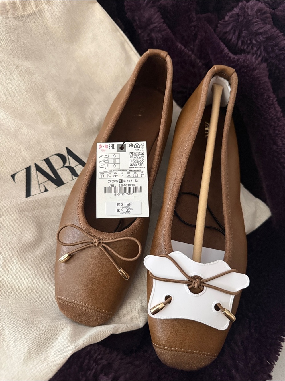 Zara Tan Brown Ballet Flats with Bow and Gold-Tip Accents